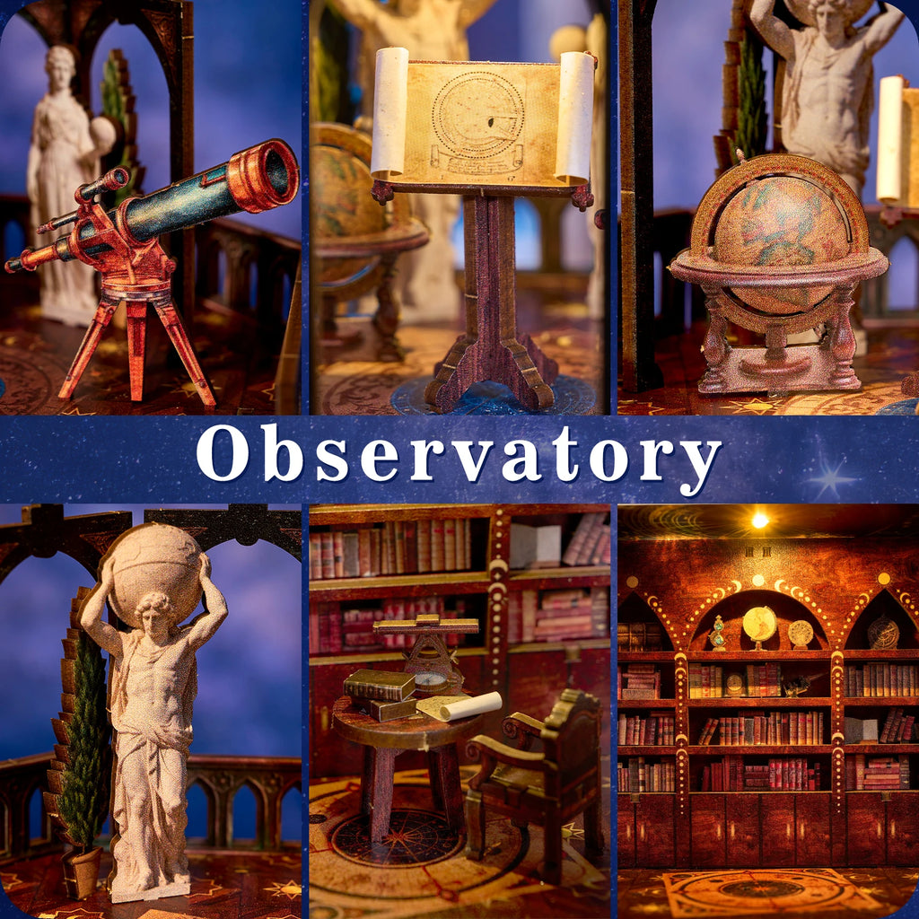 Close-up details of the observatory kit: telescope, star chart on a stand, and globe held by a statue