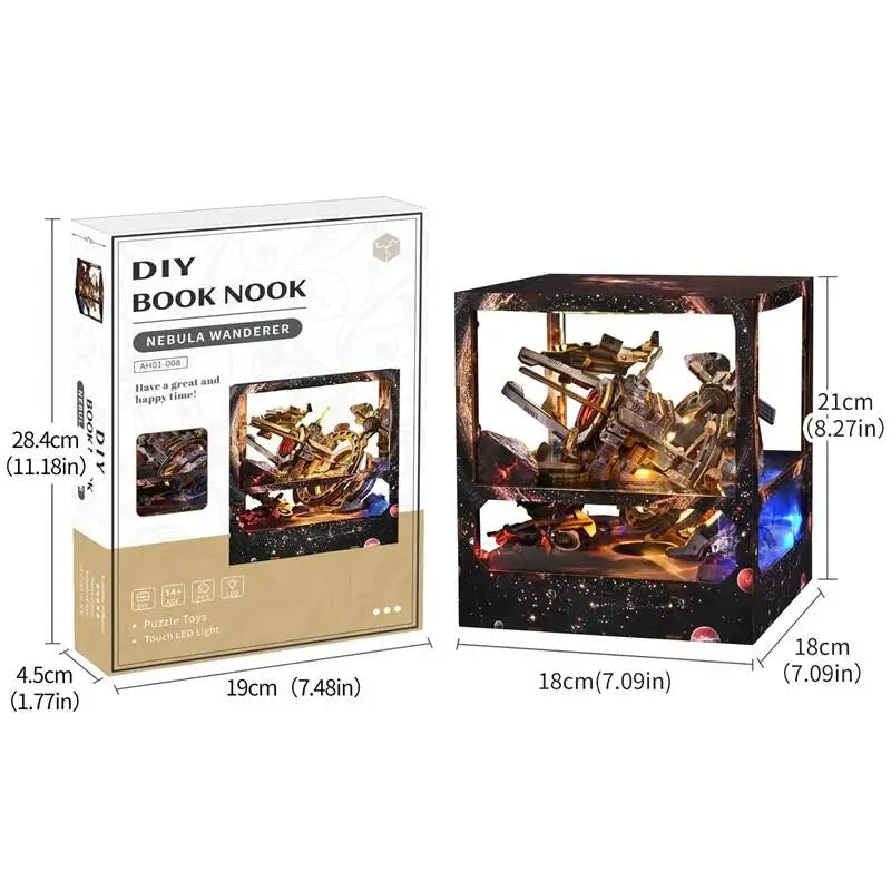 Assembled dimensions of the Nebula Wanderer book nook kit: 18 x 18 x 21 cm