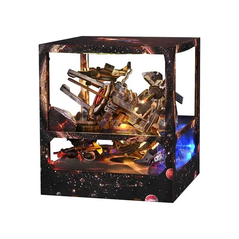 Wooden laser-cut panels, box, and included accessories for the Nebula Wanderer DIY kit