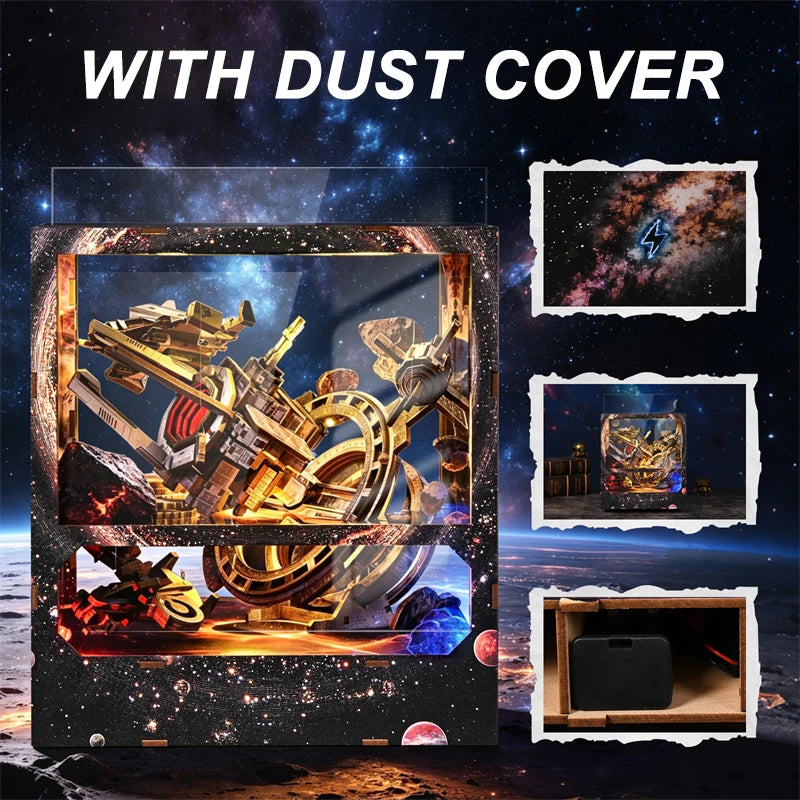 Nebula Wanderer miniature scene lit up with warm LED starlight, space cottage window view