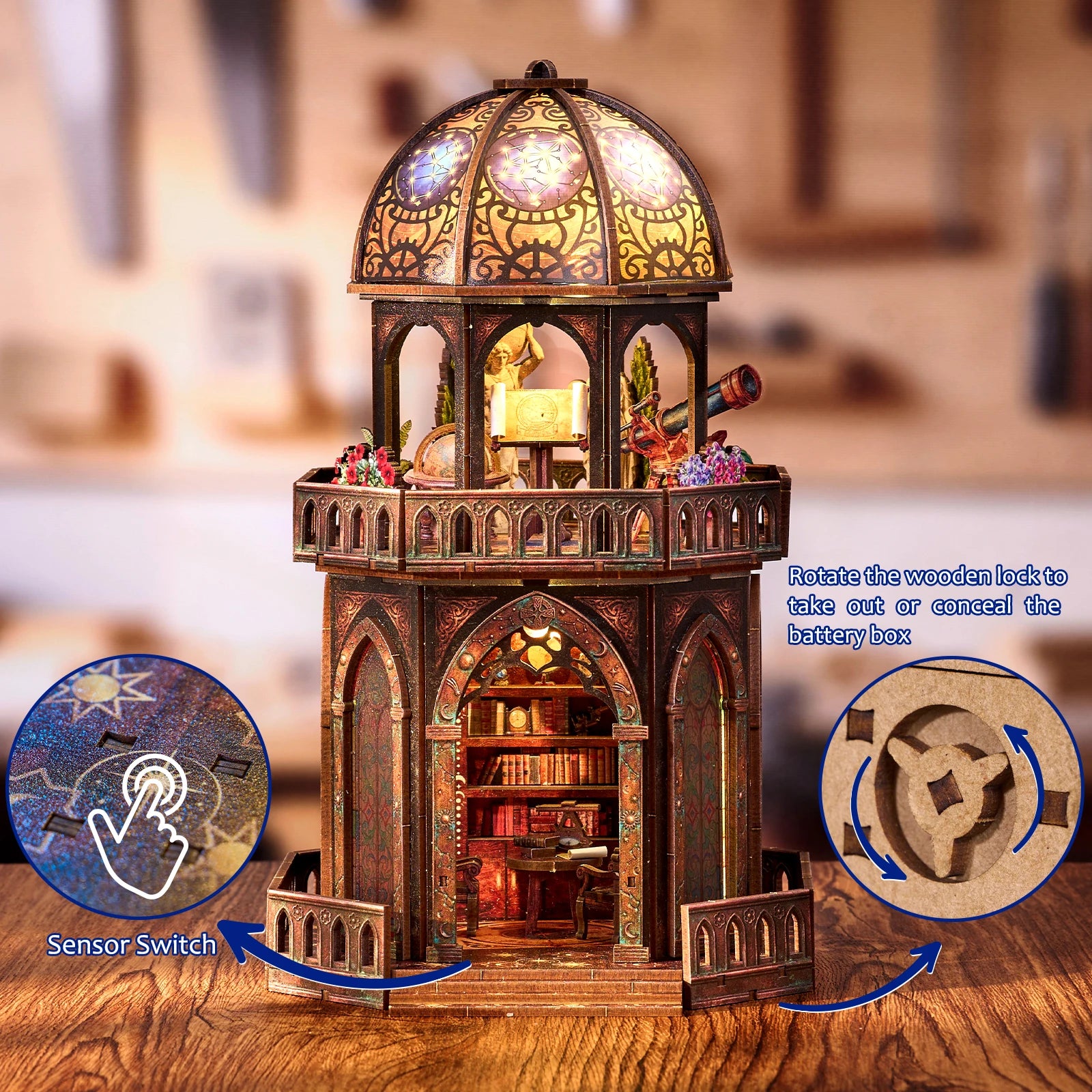 Observatory dollhouse kit on a desk showing the touch sensor light switch and the battery box lock mechanism