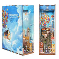 Floating Balloon House book nook from three angles: side, front and back