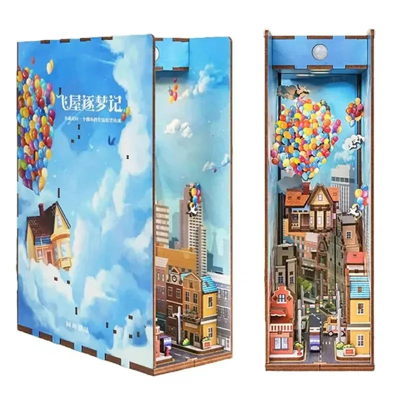 Floating Balloon House book nook from three angles: side, front and back