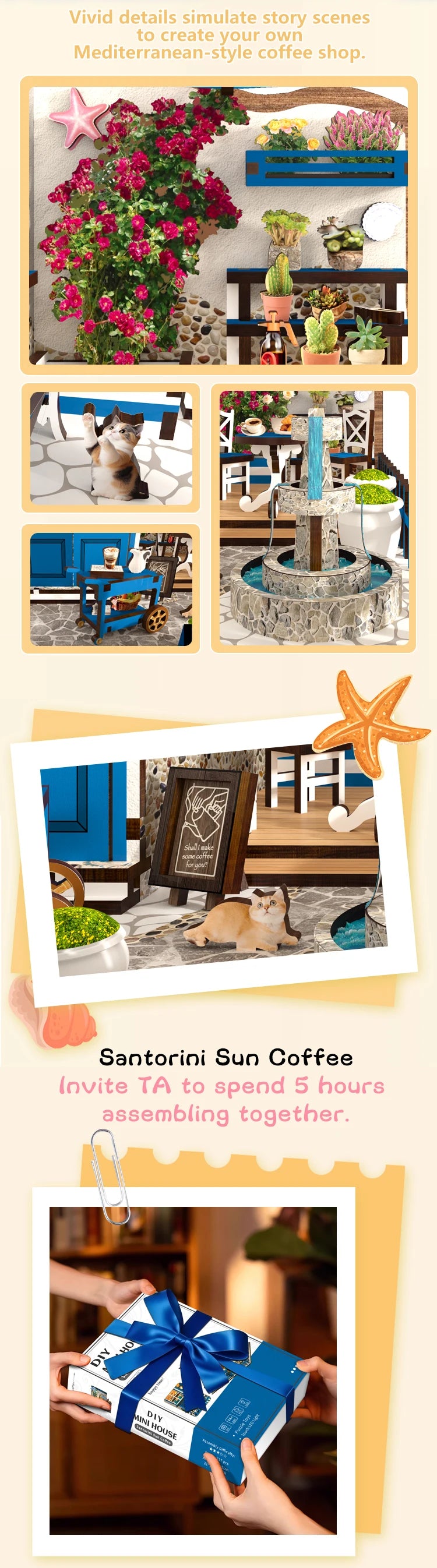 Santorini Sun Coffee dollhouse patio details: flowering bougainvillea, drinks cart, and stone fountain