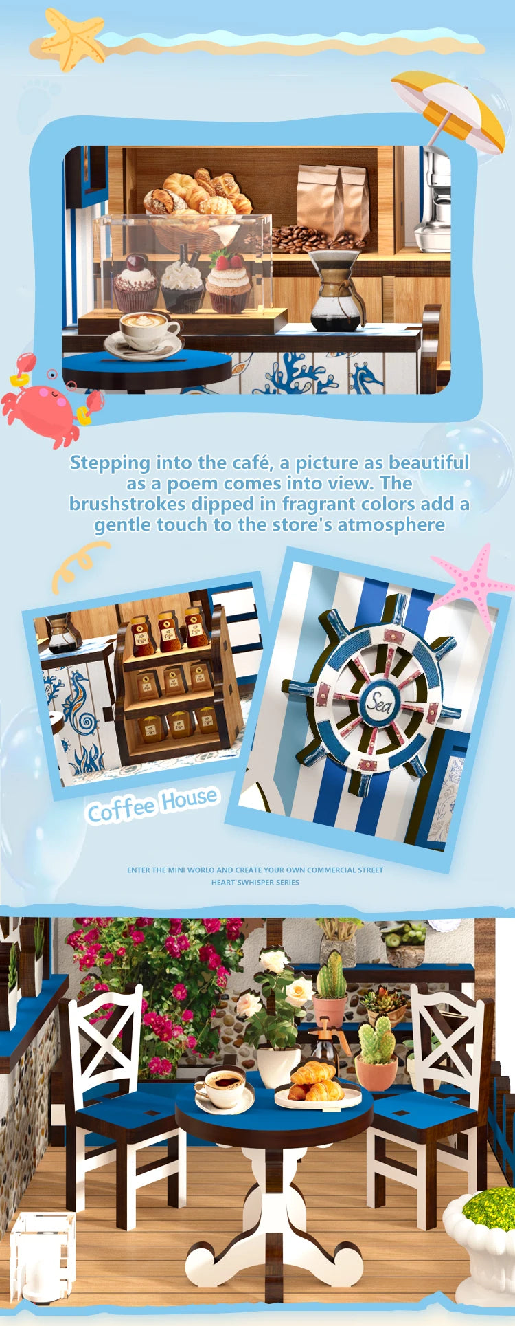 Close-up of the DIY miniature coffee shop interior shelving, counter, and arched windows