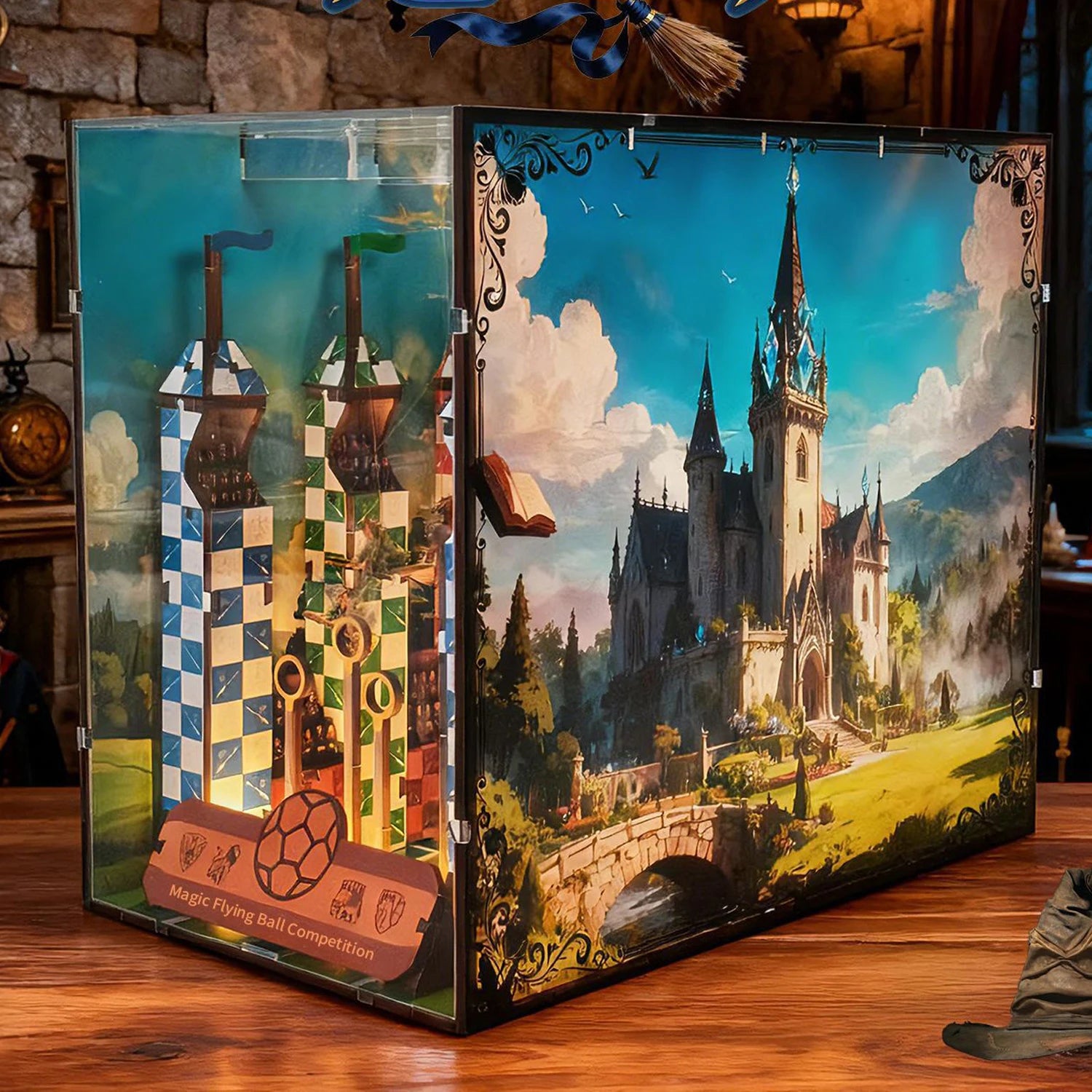 Side angle of the Quidditch book nook display case showing the painted castle scene and checkered towers