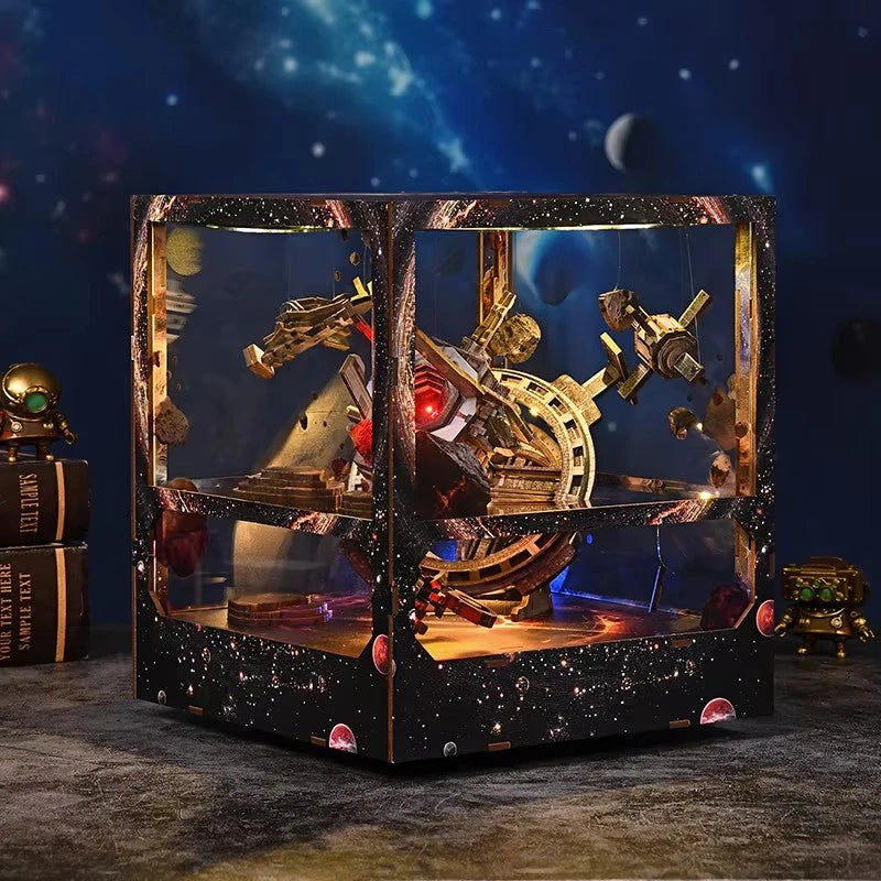 Nebula Wanderer book nook kit, wooden astronaut cottage diorama against a glowing galaxy backdrop