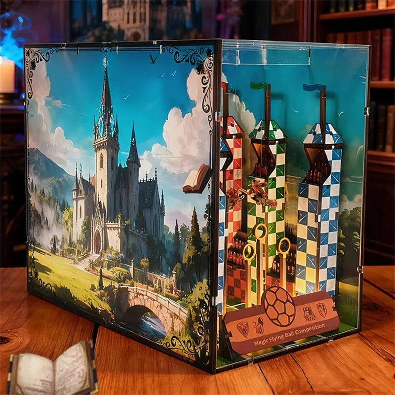 Quidditch pitch book nook display case with hinged glass front and Hogwarts-style castle backdrop