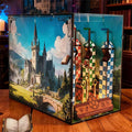 Quidditch pitch book nook display case with hinged glass front and Hogwarts-style castle backdrop