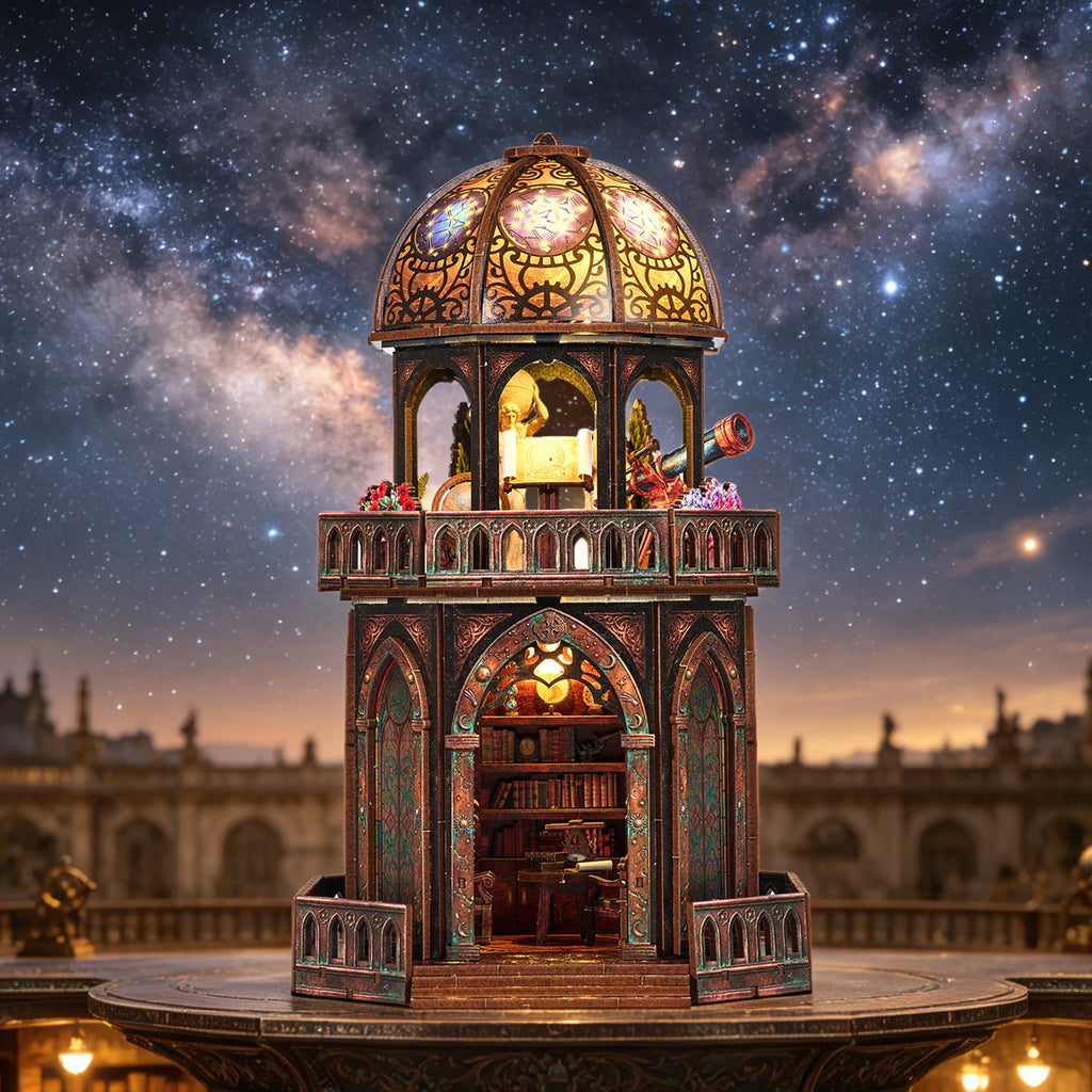 Observatory dollhouse kit lit up at night with a glowing constellation dome and telescope on the balcony