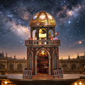 Observatory dollhouse kit lit up at night with a glowing constellation dome and telescope on the balcony