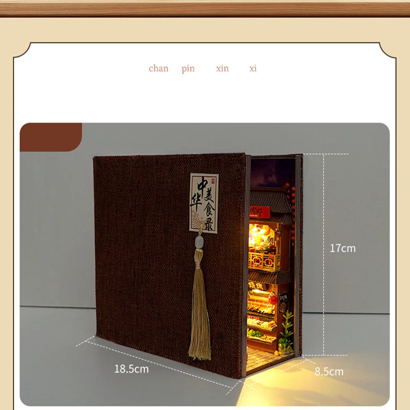 Night market street book nook kit food stall detail with LED lighting