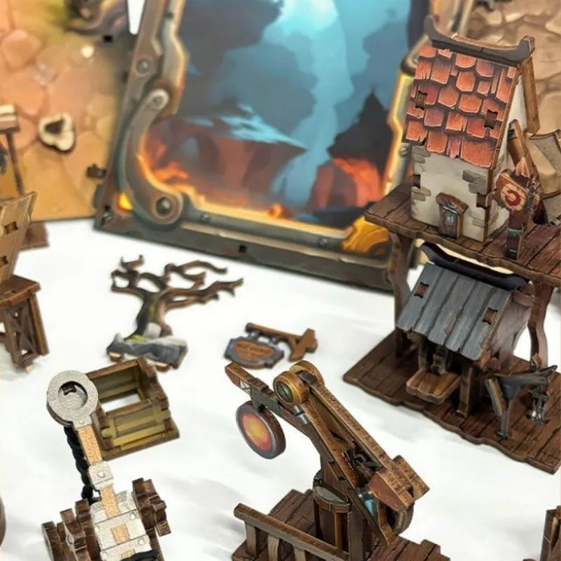 Miniature wooden catapult with wheels inside the mining fortress diorama