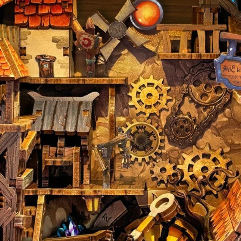 Upper level of the mining fortress book nook with tin-roof hut, ladders and purple crystals