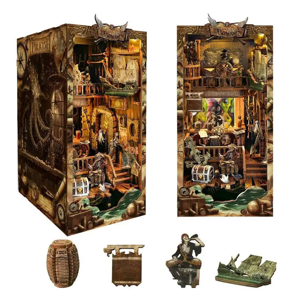Front and side of the pirate ship book nook with barrel, cannon, captain figure and waves