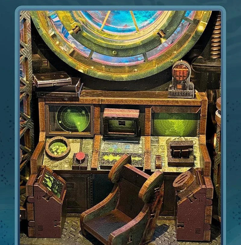 Close-up of the captain's chair and control console with green screens inside the submarine