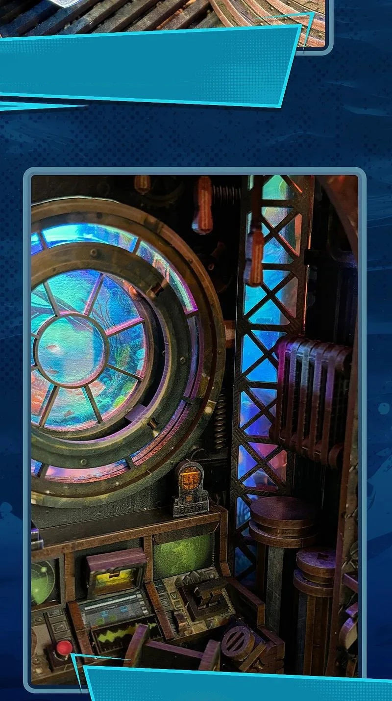 Close-up of the glowing blue and green porthole of the steampunk submarine diorama