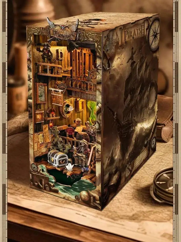 Side view of the pirate ship book nook with the PIRATE lettering and warm lights on