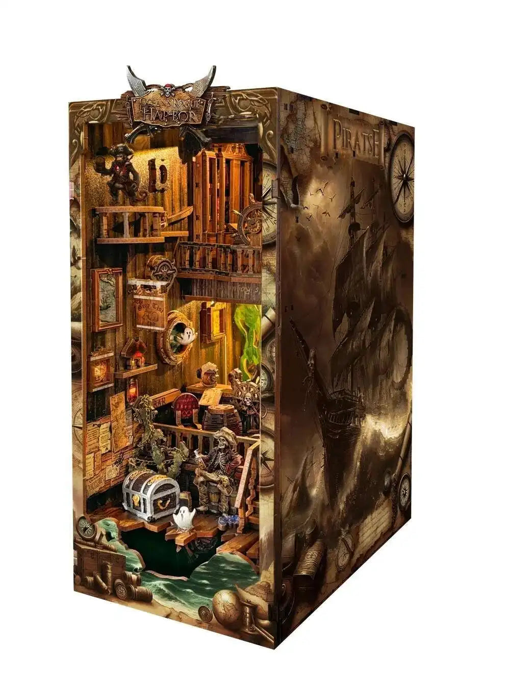 Pirate ship book nook on a white background, three-quarter view with the captain's deck and treasure chest