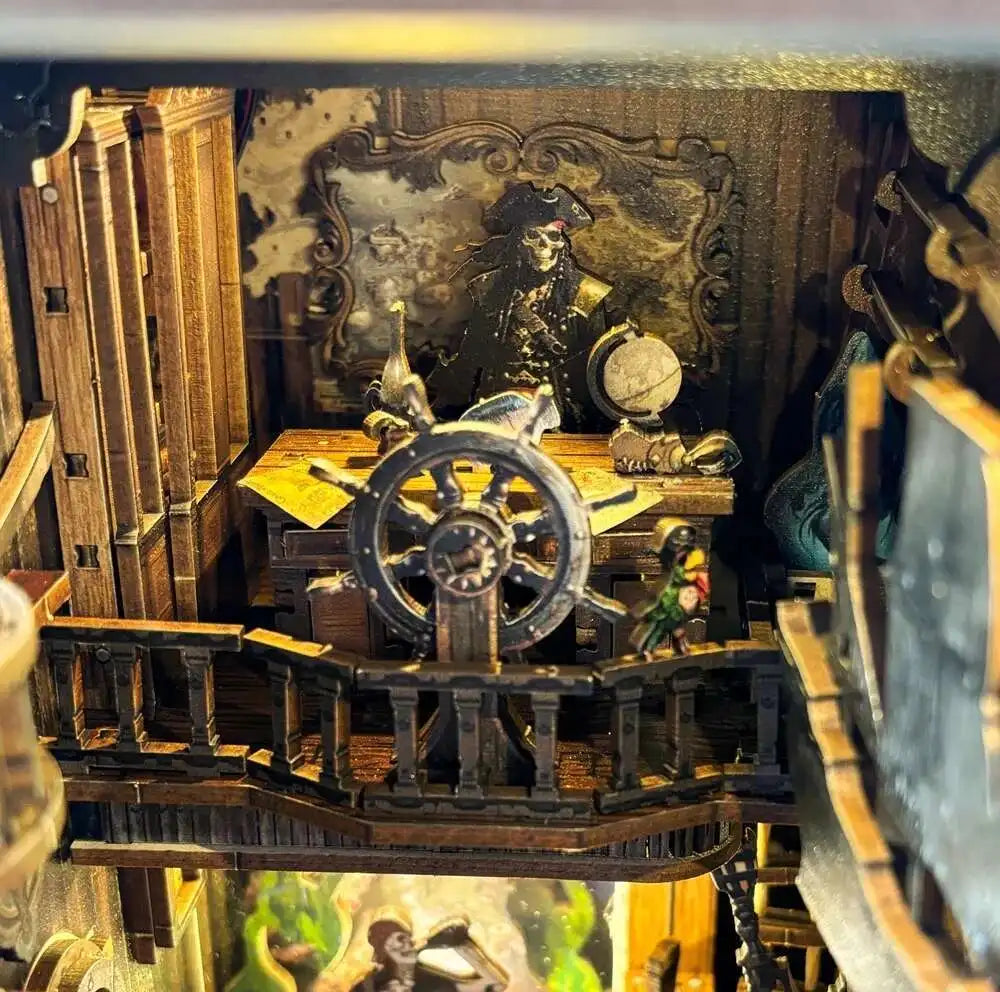 Pirate captain at the ship's wheel on the upper deck, with maps and a globe