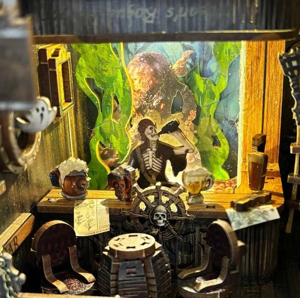 Helmsman drinking in the cabin while a giant octopus looms behind him