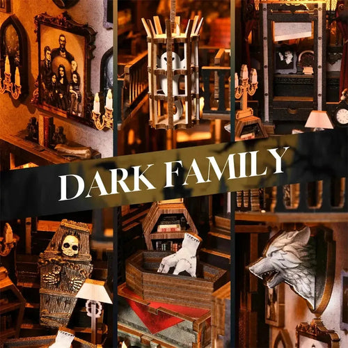 Book Nook Dark Family Kit DIY de Diorama Gótico para Estantería - DIY Miniature Kit with LED Lights