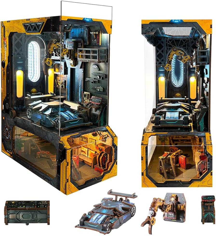 Cyberpunk car garage book nook with clear dust cover, sports car on the lift and robotic arm, front and side view