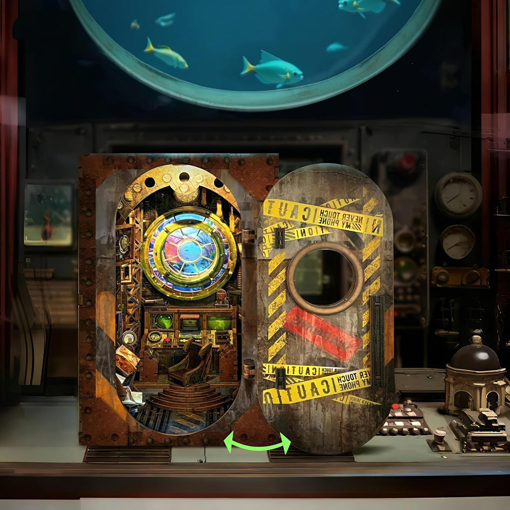 Submarine book nook hatch door swinging open on a desk