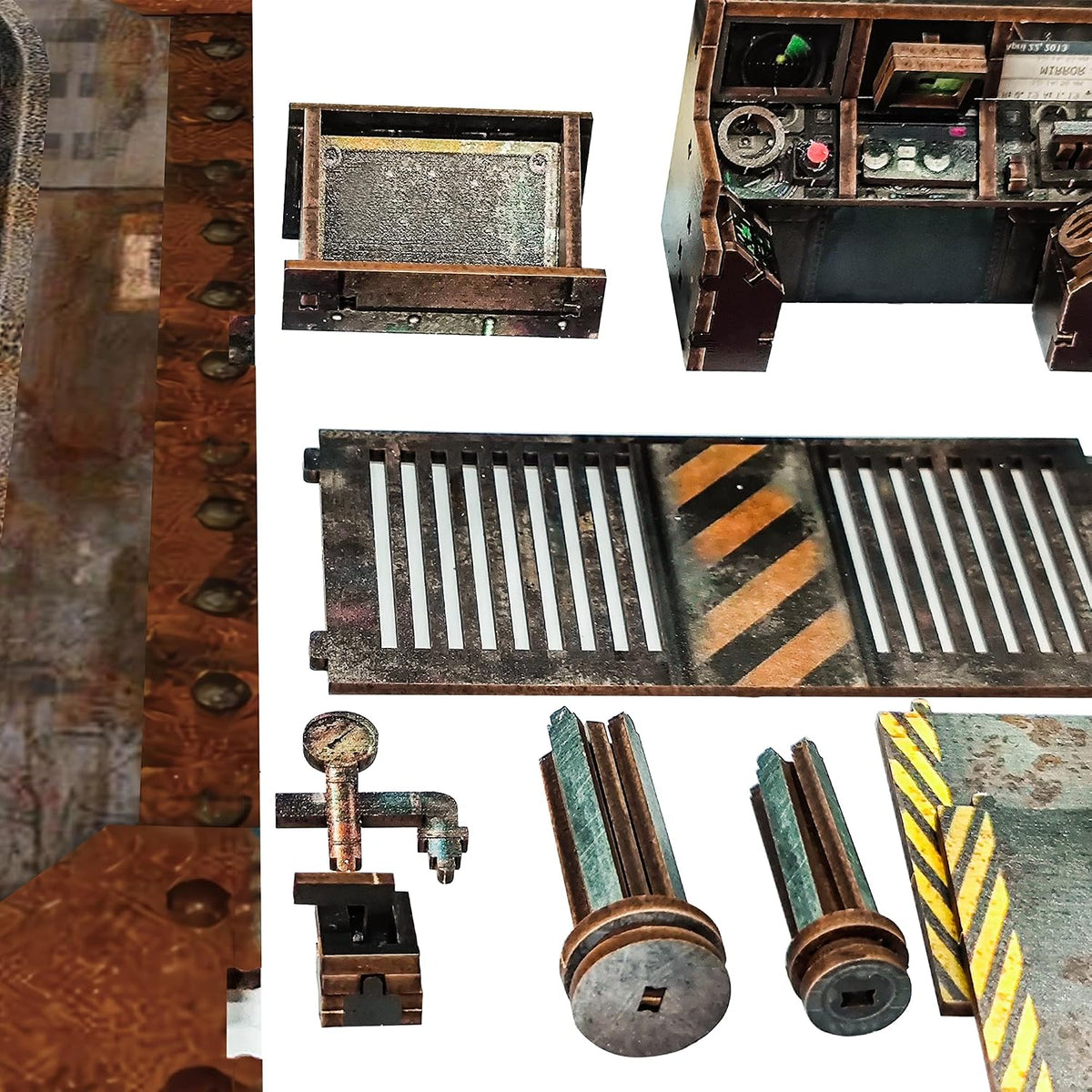 Submarine book nook pieces: rusty hull panels, grilles, pipes and the control console