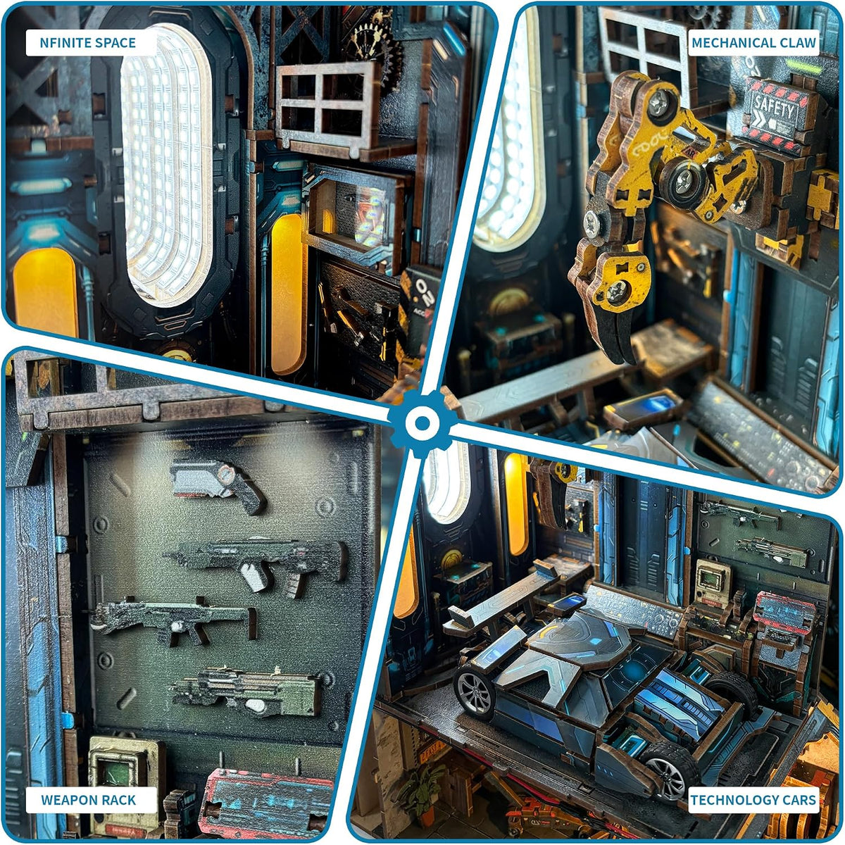 Details of the garage diorama: infinite light portal, robotic arm, wall rack and the car