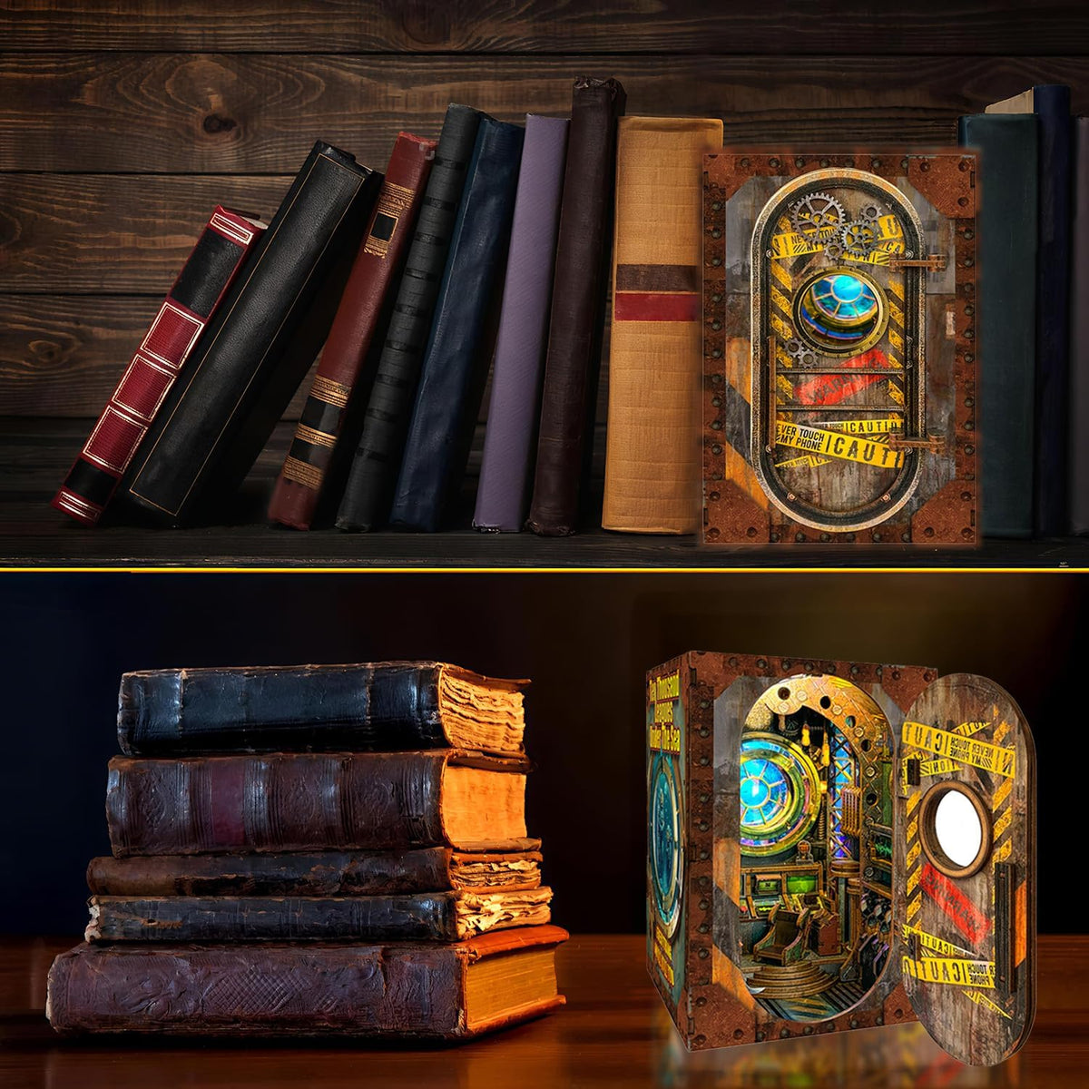 Deep sea submarine book nook standing between old books on a shelf