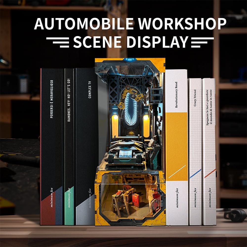 Automobile workshop book nook standing between books on a shelf