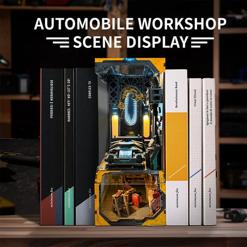 Automobile workshop book nook standing between books on a shelf