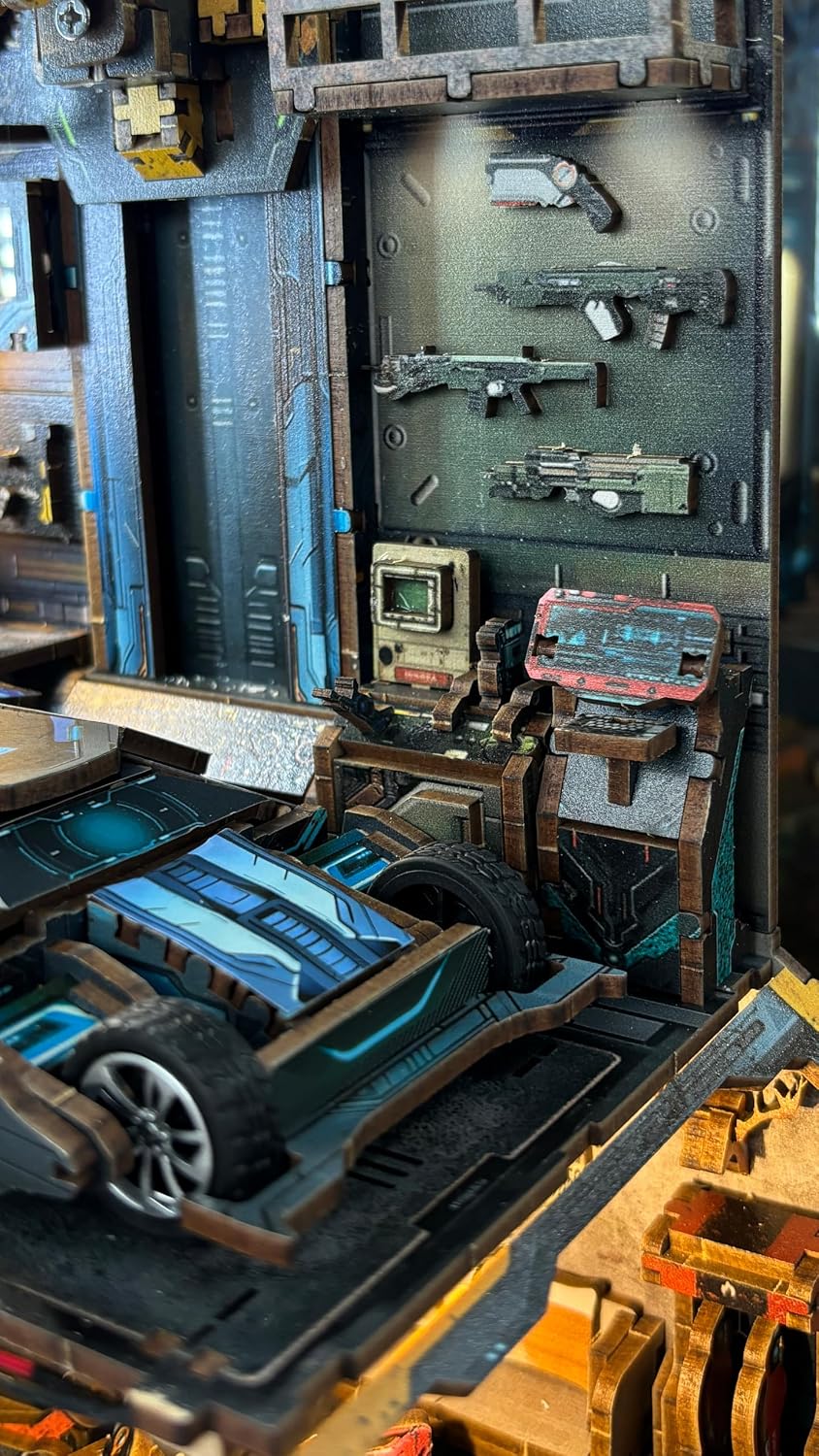 Close-up of the blue sports car on the lift inside the garage diorama