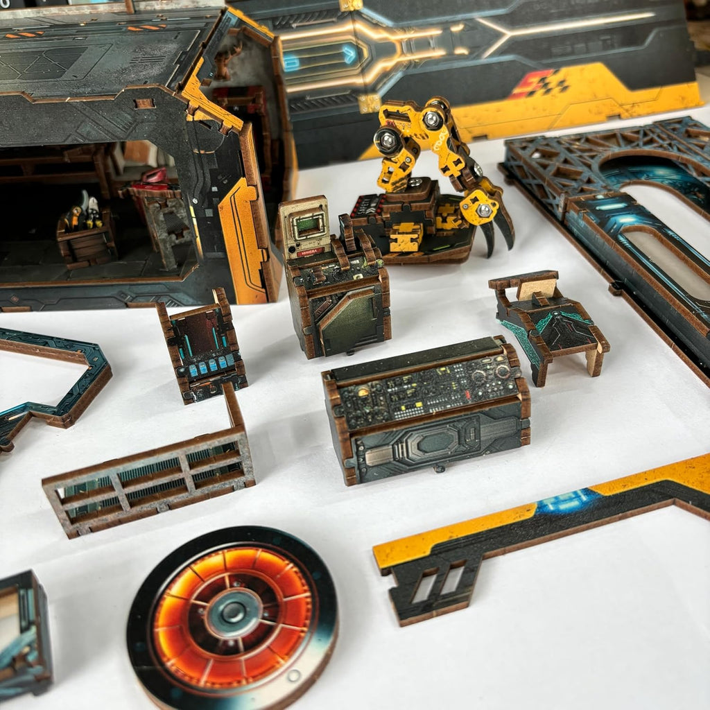 Garage book nook pieces during assembly: console, workbench and the robotic arm