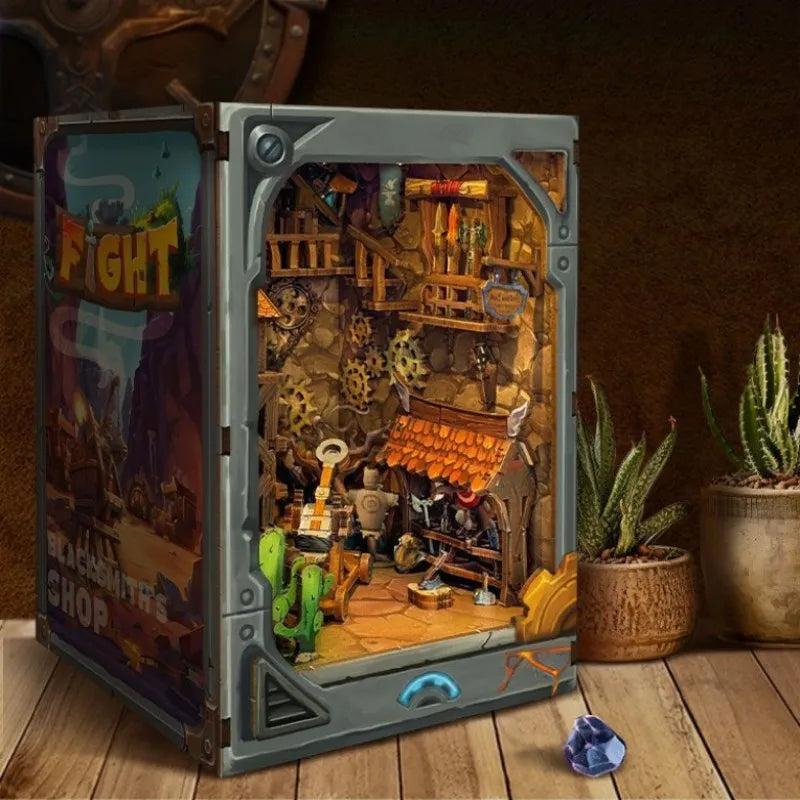 Mining fortress book nook kit pieces during assembly: catapult, tower and wooden furniture