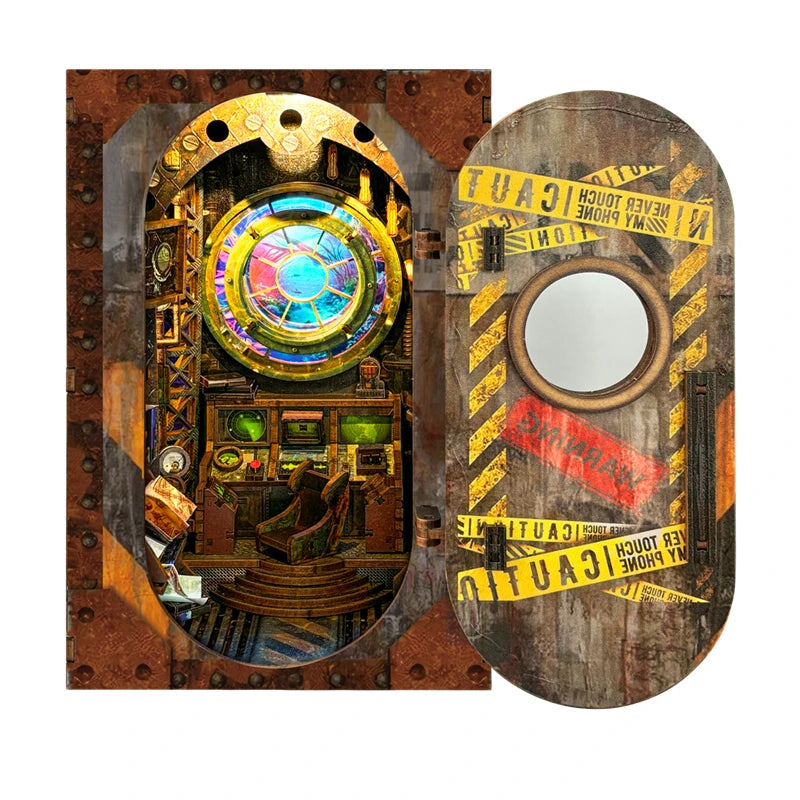 Steampunk submarine book nook with the hatch door open, glowing porthole and captain's console