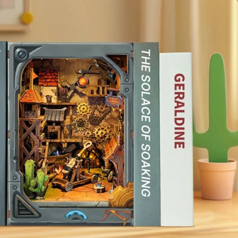 Close-up of brass gears, red brick tower and orange energy orb inside the mining fortress book nook