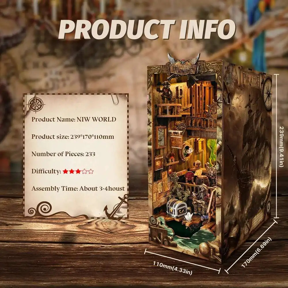 Pirate ship book nook dimensions: 239 mm tall, 110 mm wide and 170 mm deep, 233 pieces