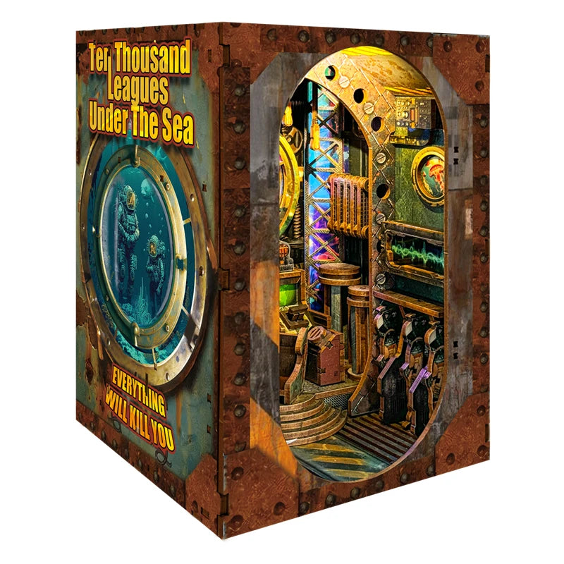 Side of the submarine book nook with Ten Thousand Leagues Under the Sea artwork and a round window