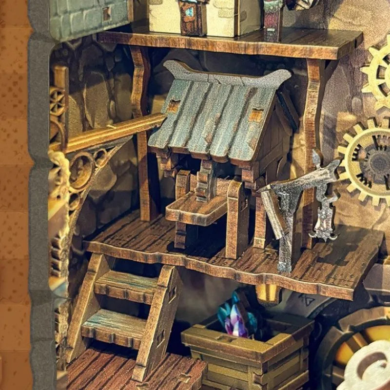 Mining fortress book nook standing between books on a shelf, with the touch switch on the bottom frame