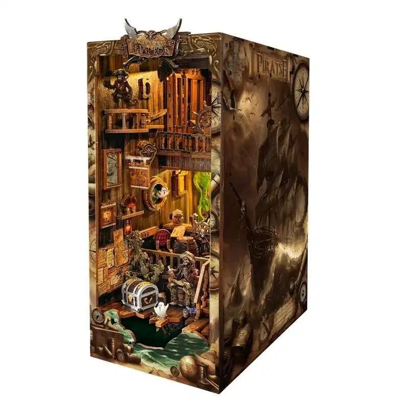 Assembled pirate ship book nook with ghost ship artwork on the side panel