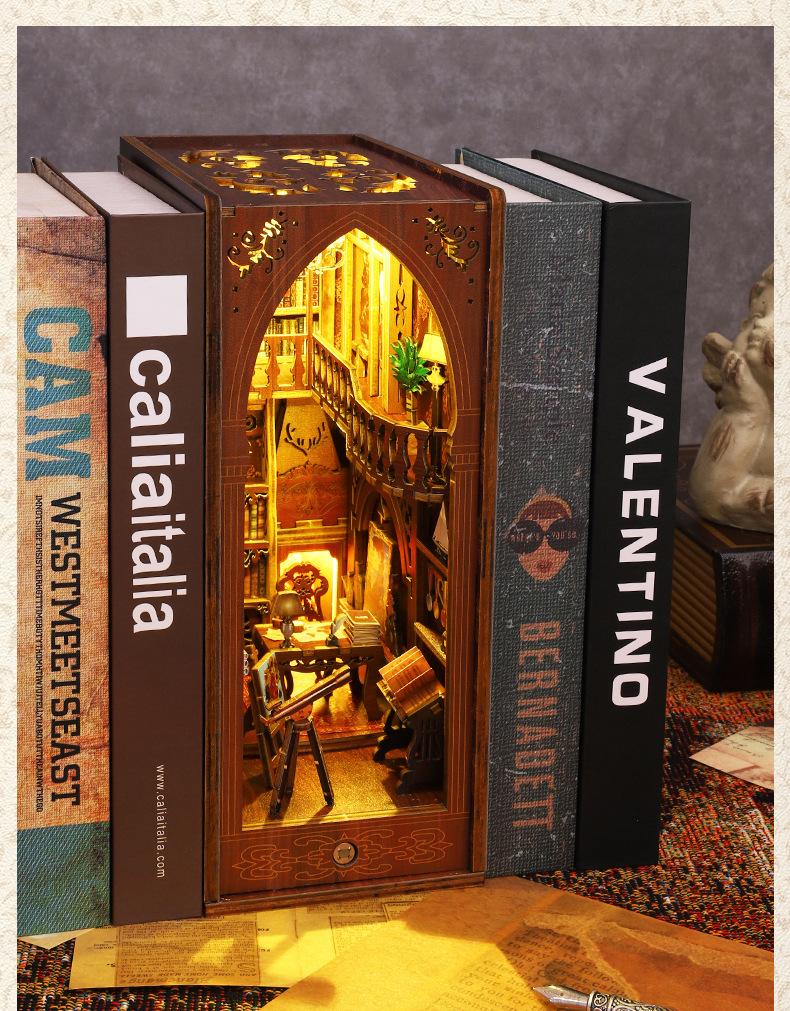 Vintage Library Book Nook Kit | Wooden Diorama with Motion Sensor Light