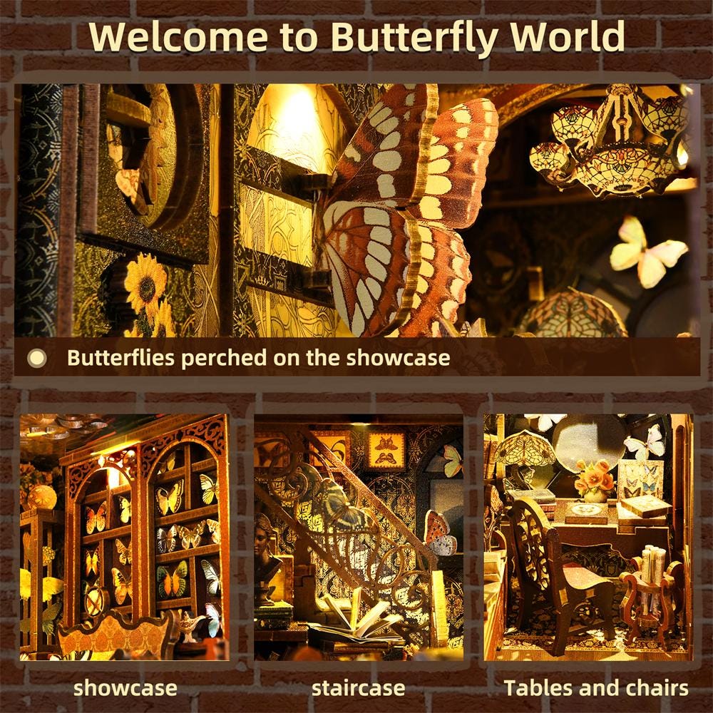 Butterfly Book Nook Kit – DIY Miniature Bookshelf Decor with LED Lights
