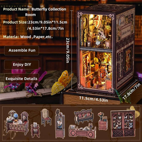Butterfly Book Nook Kit DIY Miniature Bookshelf Decor with LED Lights - Book Nook DIY Kit | Miniverse Studio