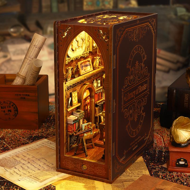 Vintage Library Book Nook Kit | Wooden Diorama with Motion Sensor Light