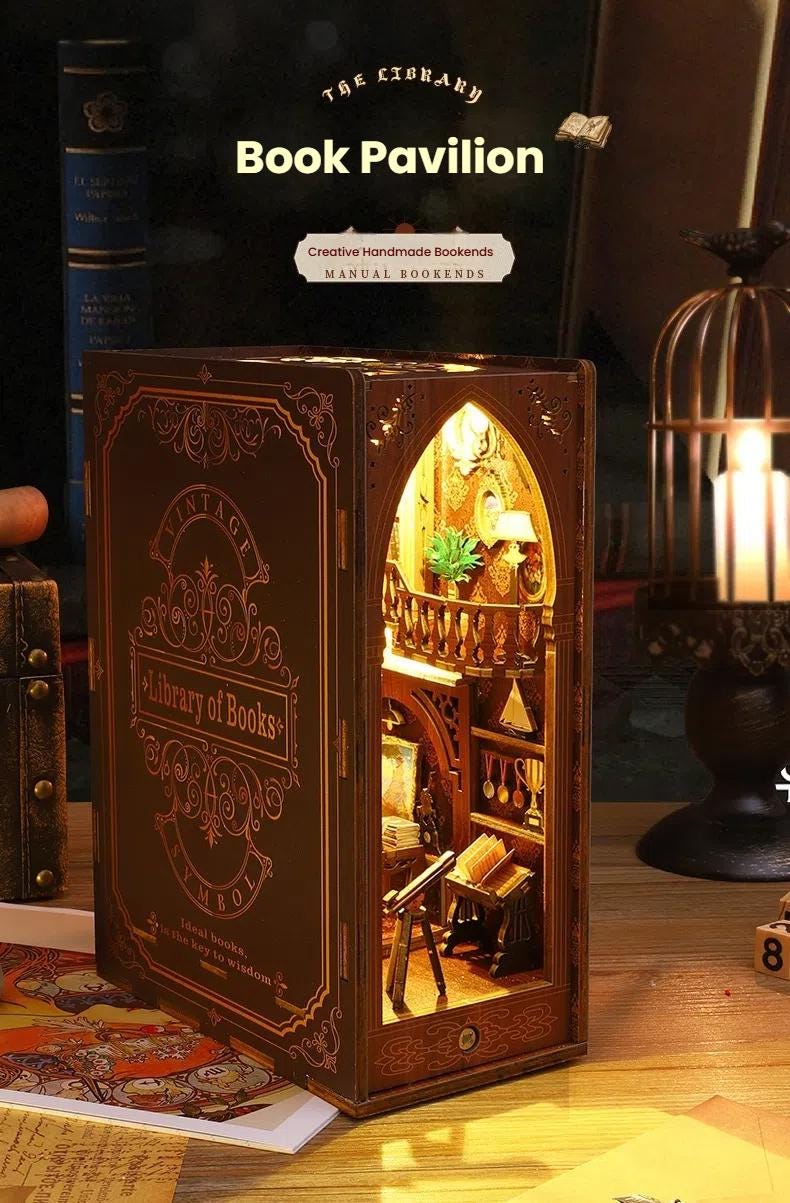 Vintage Library Book Nook Kit | Wooden Diorama with Motion Sensor Light