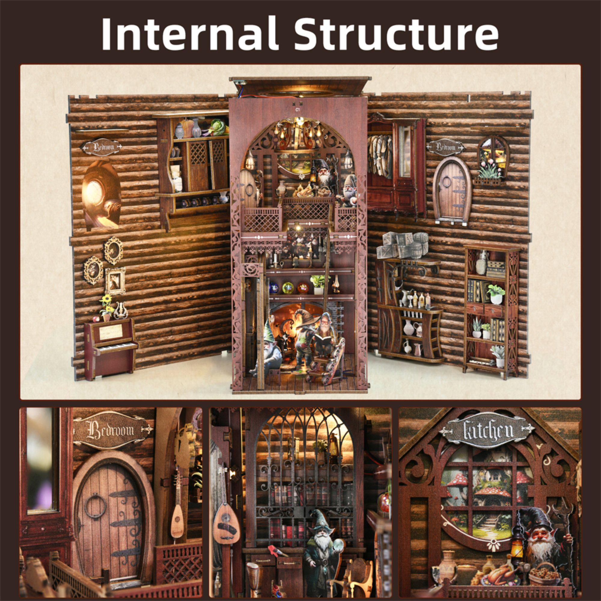 Unfolded internal structure of the Snow White book nook showing two Bedroom wings and the Kitchen connected by a central lit tower