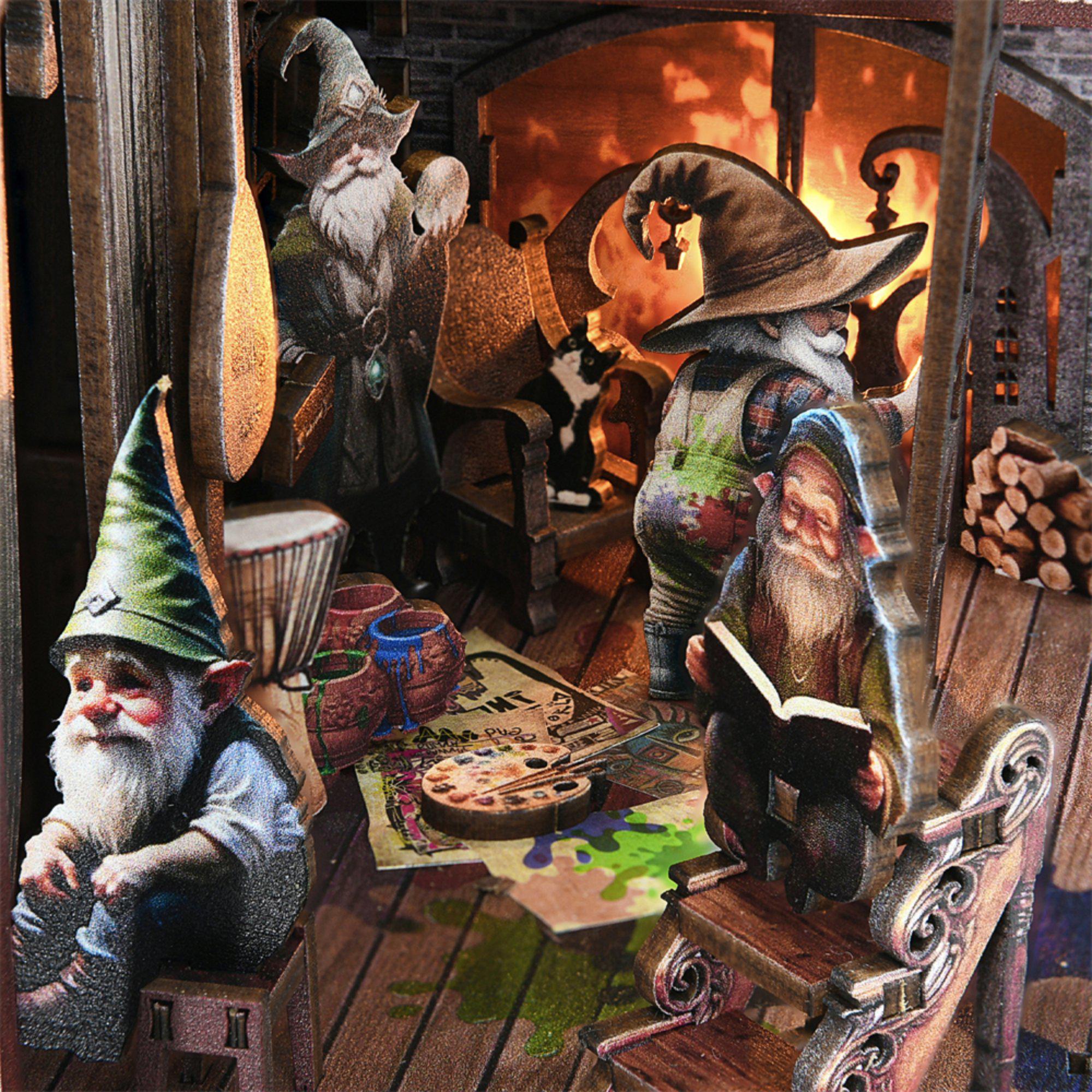 Close-up of Snow White book nook interior with dwarf figures reading and painting by the fireplace, with a black and white cat