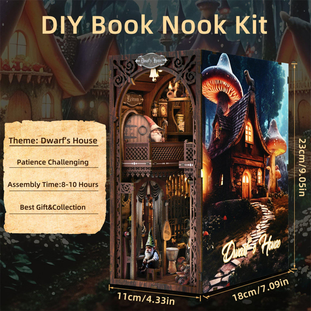 Snow White Book Nook Kit specifications: Dwarfs House theme, intermediate difficulty, 8 to 10 hour assembly, 23 x 18 x 11 cm